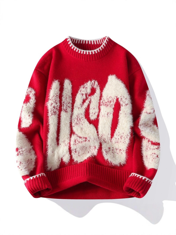 Muški pleteni set s jacquard uzorkom i okruglim izrezom, udoban kroj, plus veličina