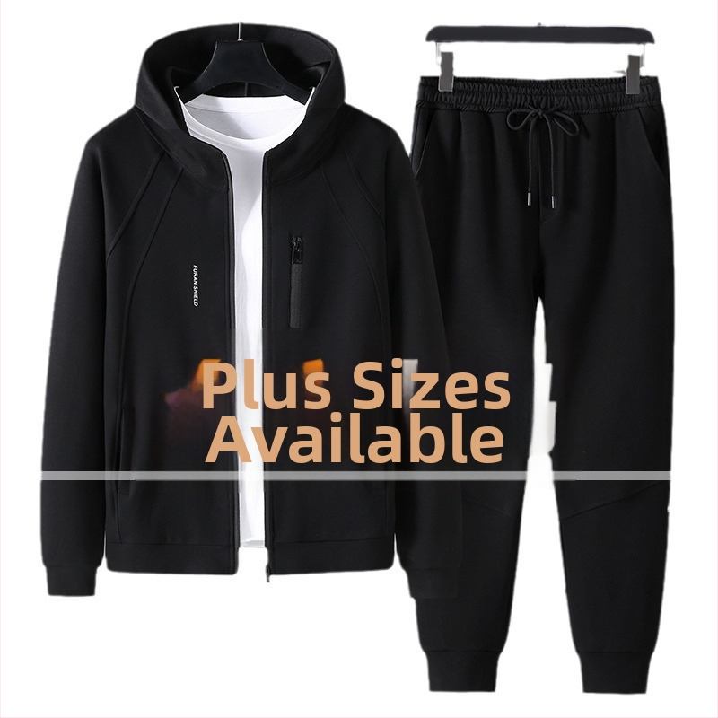 Vyrų didelio dydžio komplektas su užtrauktuku ir gobtuvu — striukė ir kelnės, ruduo 2024, poliesterio medvilnė