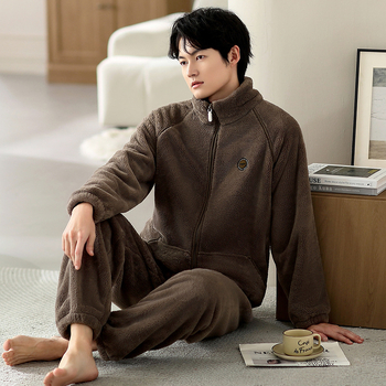 Мъжки зимен пижамен комплект от флийс с цип и стояща яка, 100% полиестер, дебел флийс