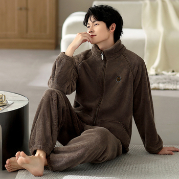 Мъжки зимен пижамен комплект от флийс с цип и стояща яка, 100% полиестер, дебел флийс