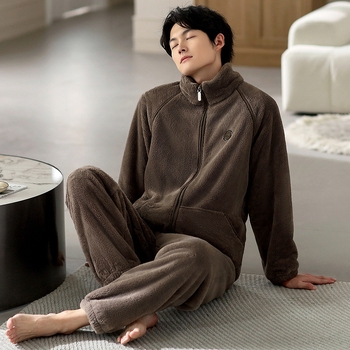 Мъжки зимен пижамен комплект от флийс с цип и стояща яка, 100% полиестер, дебел флийс