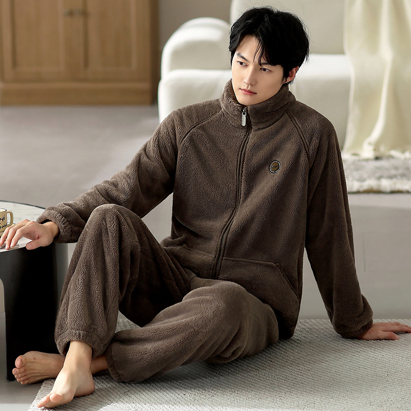 Мъжки зимен пижамен комплект от флийс с цип и стояща яка, 100% полиестер, дебел флийс