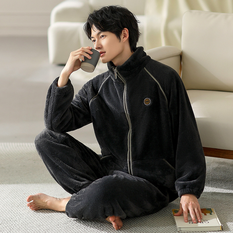 Мъжки зимен пижамен комплект от флийс с цип и стояща яка, 100% полиестер, дебел флийс