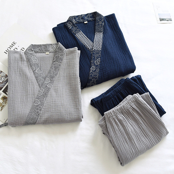 Мъжки пижаман комплект в японски стил, 100% памук, дълги панталони, V‑образно деколте, ръкав 9/10