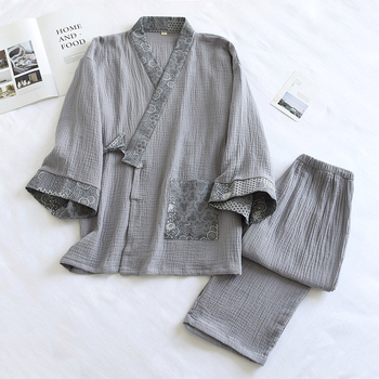 Мъжки пижаман комплект в японски стил, 100% памук, дълги панталони, V‑образно деколте, ръкав 9/10