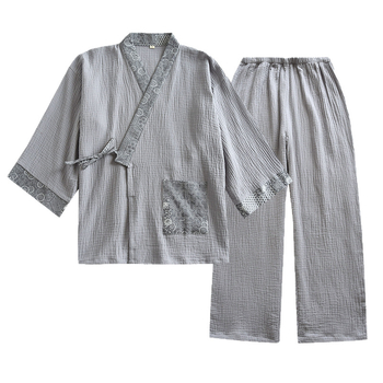 Мъжки пижаман комплект в японски стил, 100% памук, дълги панталони, V‑образно деколте, ръкав 9/10