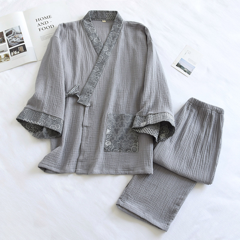 Мъжки пижаман комплект в японски стил, 100% памук, дълги панталони, V‑образно деколте, ръкав 9/10