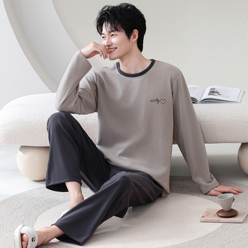 Мъжки пижамен комплект Derong, полиестер, кръгло деколте, дълги ръкави и панталони, зимно домашно облекло