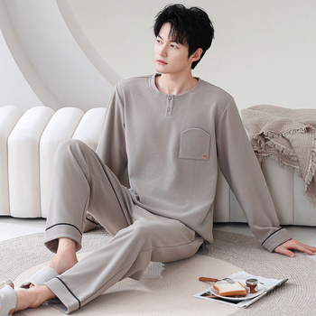 Комплект пижами за мъже с качулка, casual стил, полиестер Derong, тегло 251–300 г/м2, кръгло деколте, дълги ръкави и дълги панталони за зимно носене вкъщи