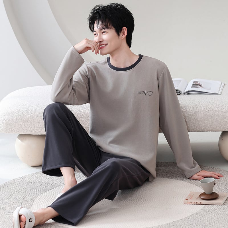 Комплект пижами за мъже с качулка, casual стил, полиестер Derong, тегло 251–300 г/м2, кръгло деколте, дълги ръкави и дълги панталони за зимно носене вкъщи