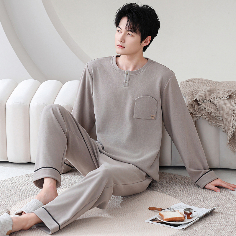 Комплект пижами за мъже с качулка, casual стил, полиестер Derong, тегло 251–300 г/м2, кръгло деколте, дълги ръкави и дълги панталони за зимно носене вкъщи