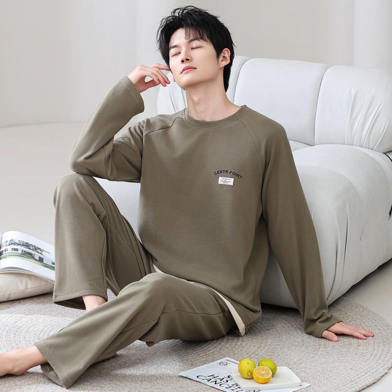 Комплект пижами за мъже с качулка, casual стил, полиестер Derong, тегло 251–300 г/м2, кръгло деколте, дълги ръкави и дълги панталони за зимно носене вкъщи