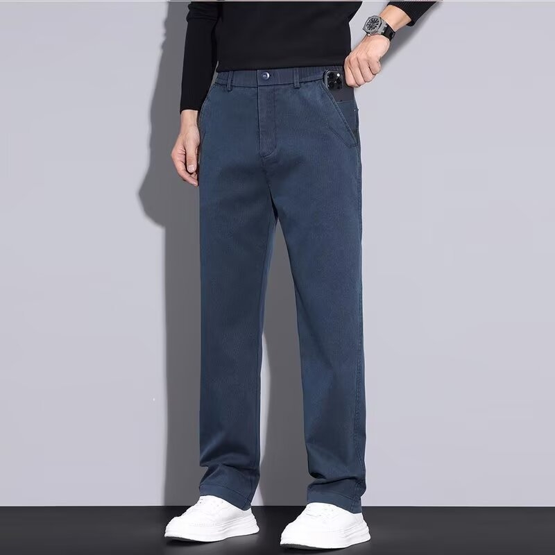 Muške hlače s ravnim krojem, poliester tkanina, srednji pojas, zip zatvarač, bez naboranja, poslovno-ležerni stil