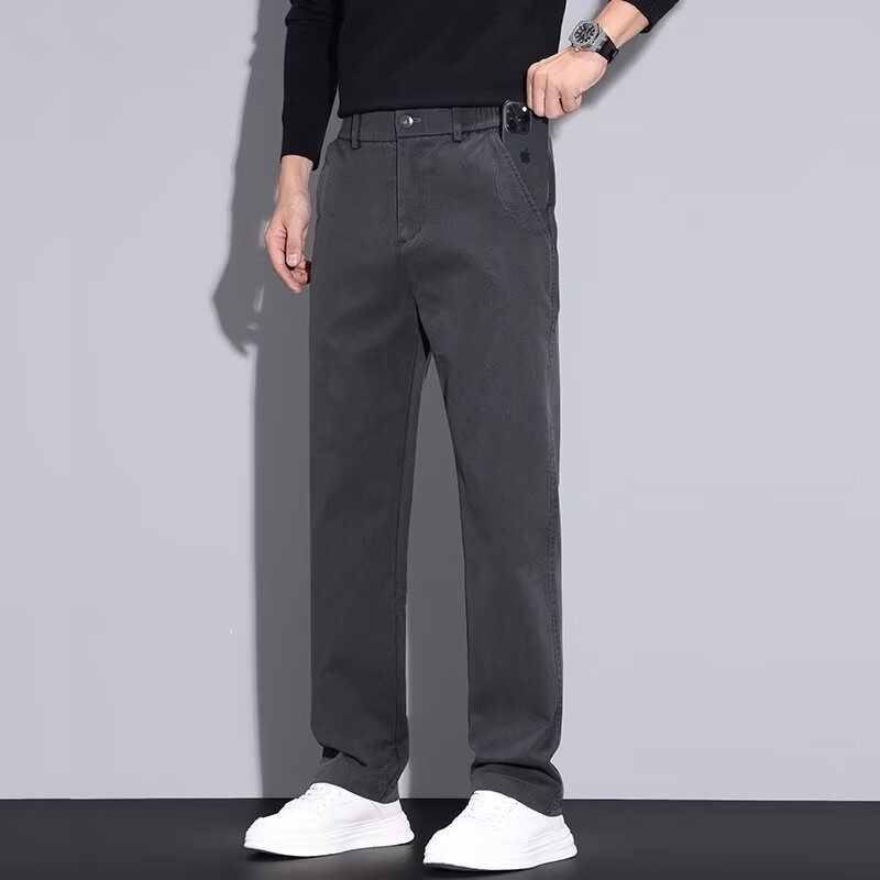 Muške hlače s ravnim krojem, poliester tkanina, srednji pojas, zip zatvarač, bez naboranja, poslovno-ležerni stil