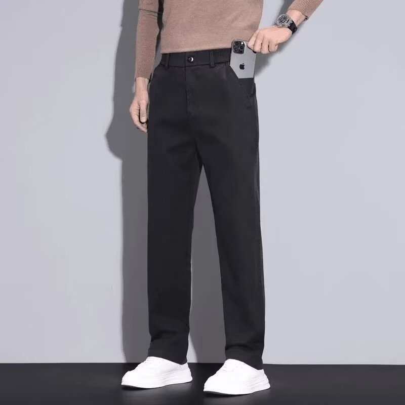 Muške hlače s ravnim krojem, poliester tkanina, srednji pojas, zip zatvarač, bez naboranja, poslovno-ležerni stil