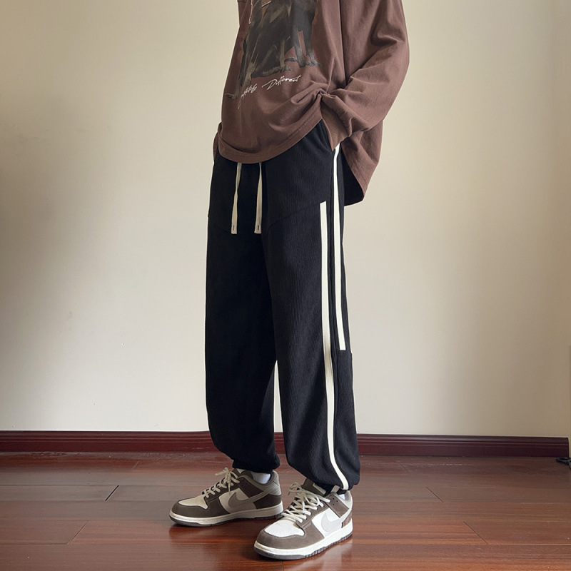 Muške corduroy hlače ravnog kroja, hongkonški stil, srednji pojas, zatvaranje šnira, mješavina poliestera