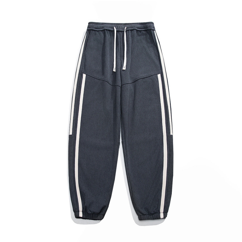 Muške corduroy hlače ravnog kroja, hongkonški stil, srednji pojas, zatvaranje šnira, mješavina poliestera