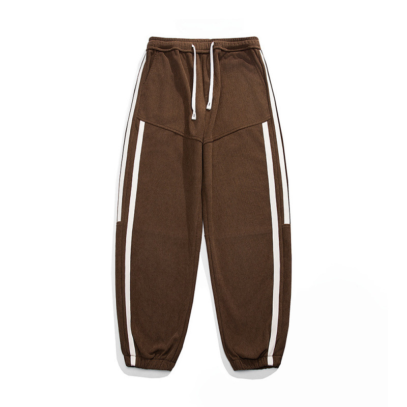 Muške corduroy hlače ravnog kroja, hongkonški stil, srednji pojas, zatvaranje šnira, mješavina poliestera