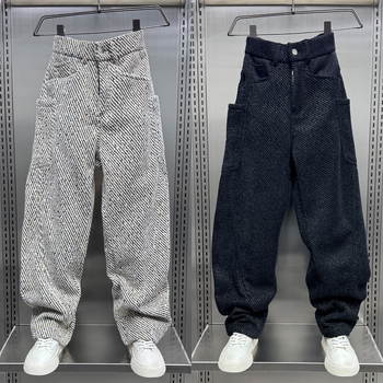 Muške sportske hlače ravnog kroja s prugastim žakard uzorkom, srednji pojas, debela elastična bambus vlakna tkanina (srednji pojas, ravni kroj, debela tkanina, prugasti uzorak, visoka elastičnost)