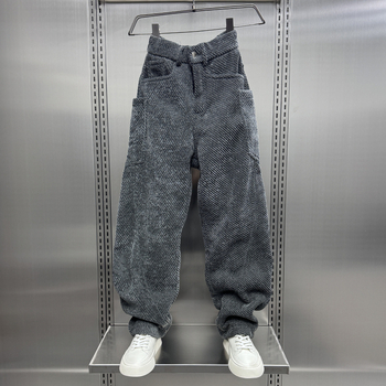 Muške sportske hlače ravnog kroja s prugastim žakard uzorkom, srednji pojas, debela elastična bambus vlakna tkanina (srednji pojas, ravni kroj, debela tkanina, prugasti uzorak, visoka elastičnost)