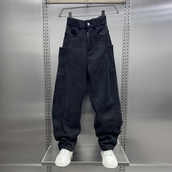 Muške sportske hlače ravnog kroja s prugastim žakard uzorkom, srednji pojas, debela elastična bambus vlakna tkanina (srednji pojas, ravni kroj, debela tkanina, prugasti uzorak, visoka elastičnost)