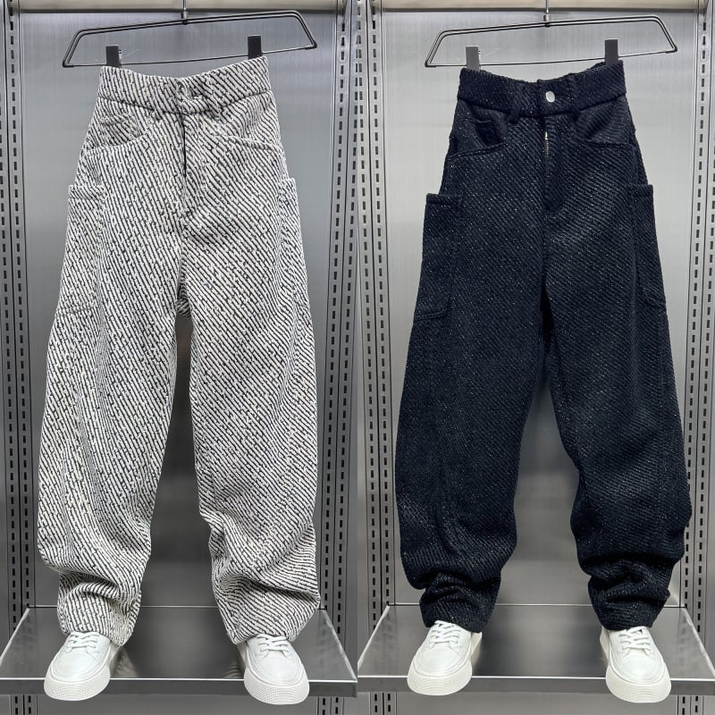 Muške sportske hlače ravnog kroja s prugastim žakard uzorkom, srednji pojas, debela elastična bambus vlakna tkanina (srednji pojas, ravni kroj, debela tkanina, prugasti uzorak, visoka elastičnost)