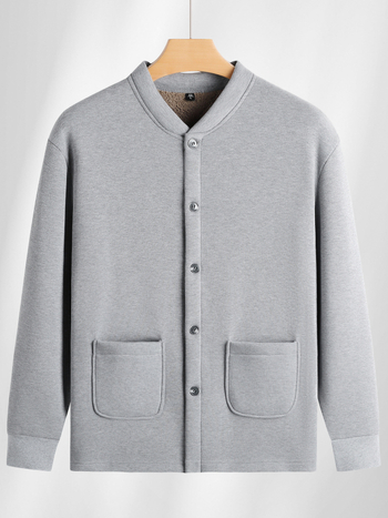 Pamuk kardigan s fleec podstavom, stojeći ovratnik, dugi rukavi, kopčanje na jedan red gumba