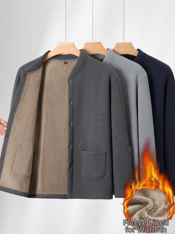 Puuvillane kardigan fleece-vooderdusega, kõrge kaelus, pikad varrukad, ühe rivi nööpidega