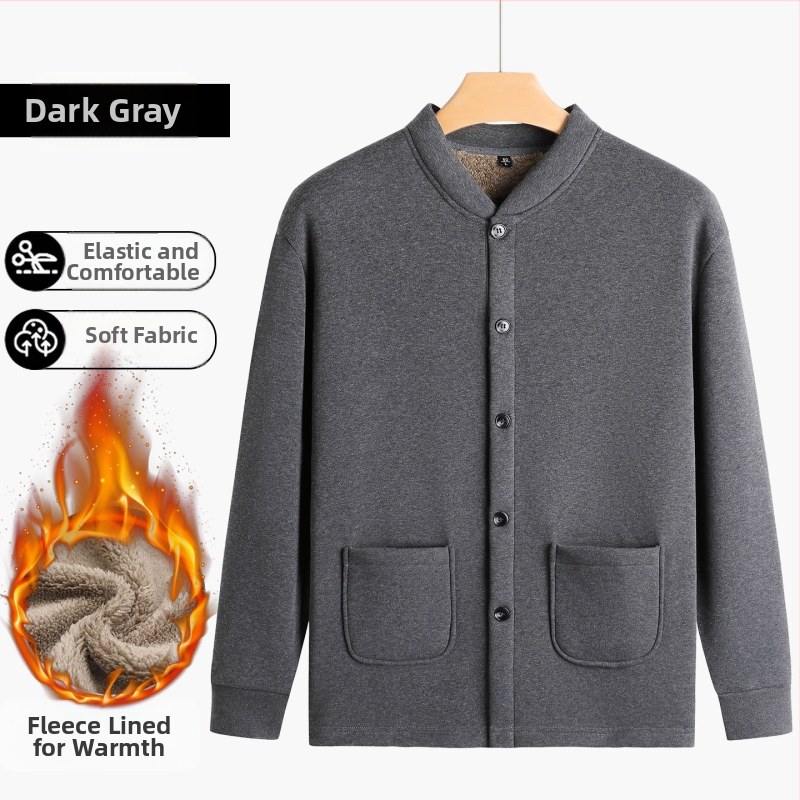 Puuvillane kardigan fleece-vooderdusega, kõrge kaelus, pikad varrukad, ühe rivi nööpidega