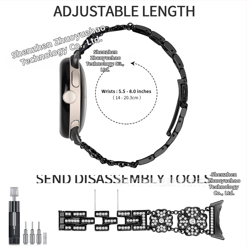 Kovový náramok pre Google Pixel Watch s štvorlístkom plným diamantov, 20 mm rozhranie, 65 g, uvedenie 2025