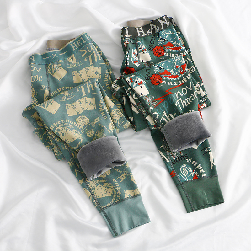 Muške pamučne duge termo hlače s flis podstavom, ultra debeli materijal, cvjetni uzorak, postotak pamuka 90–95%