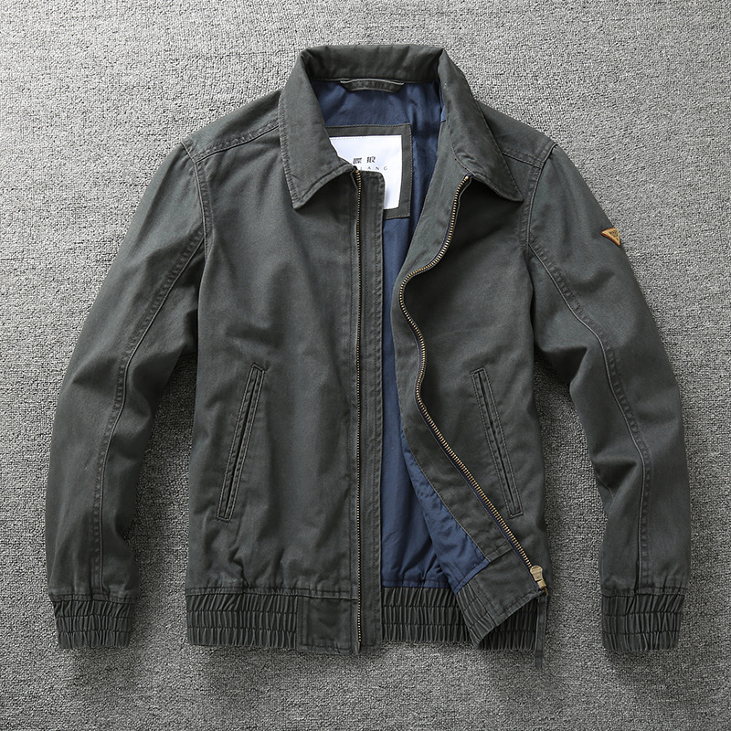 Muška jakna poslovno-udobnog stila s reverom, retro američki stil, uski kroj, zatvarač, epaulettes, džepovi s patch detaljima, pamuk