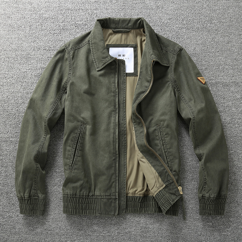 Muška jakna poslovno-udobnog stila s reverom, retro američki stil, uski kroj, zatvarač, epaulettes, džepovi s patch detaljima, pamuk