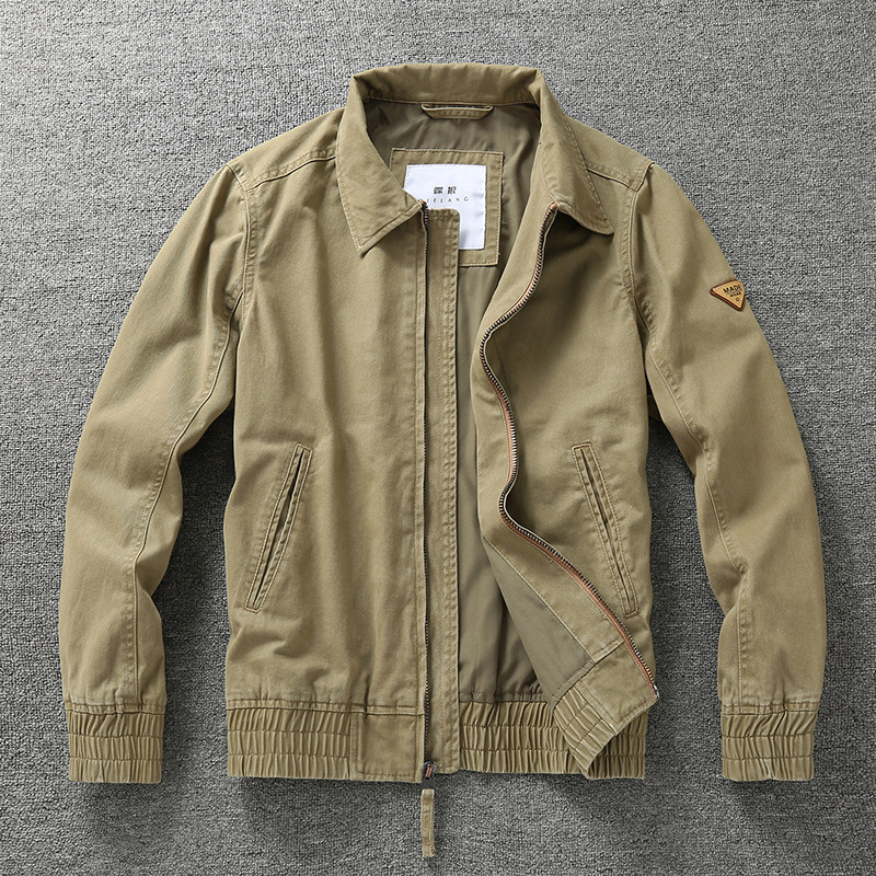 Muška jakna poslovno-udobnog stila s reverom, retro američki stil, uski kroj, zatvarač, epaulettes, džepovi s patch detaljima, pamuk