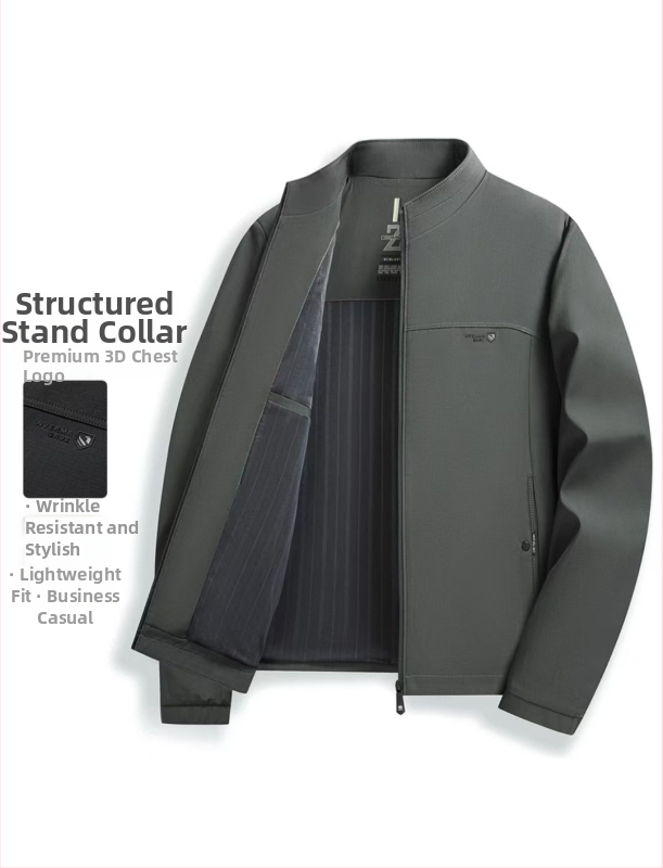 Pánska bunda s stojacím golierom — tenký materiál, predný zips, voľný strih, jarné a jesenné obdobie