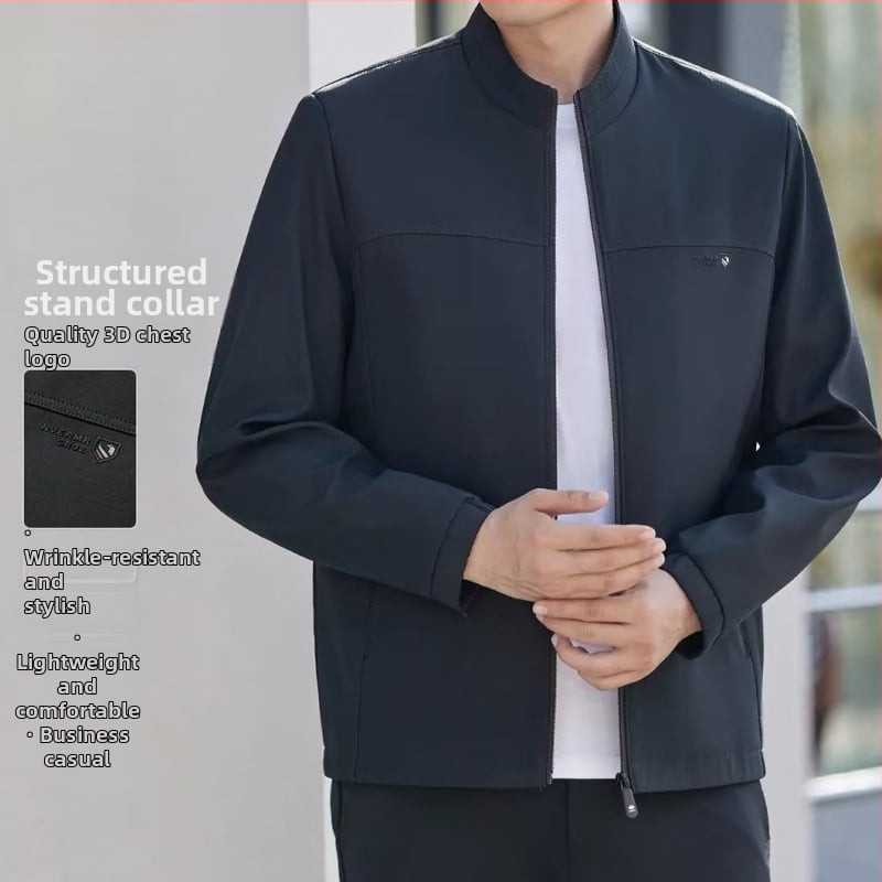 Pánska bunda s stojacím golierom — tenký materiál, predný zips, voľný strih, jarné a jesenné obdobie