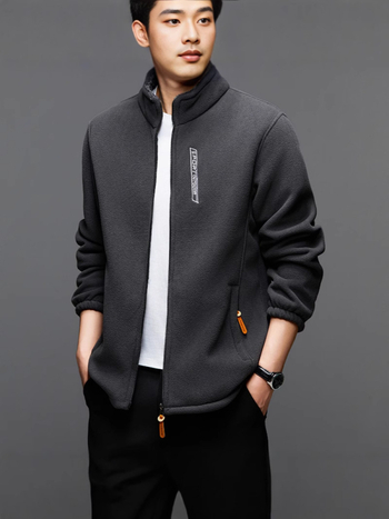 Pánska zimná fleece bunda z polar fleece, hrubý materiál, vetruodolná, stojací golier, zips, voľný strih