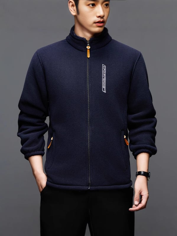Pánska zimná fleece bunda z polar fleece, hrubý materiál, vetruodolná, stojací golier, zips, voľný strih