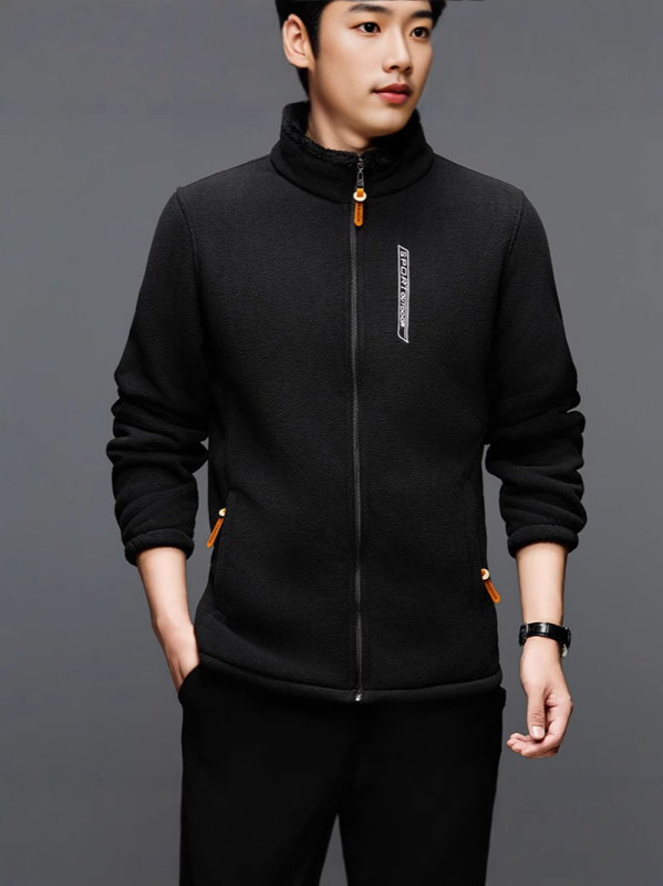 Pánska zimná fleece bunda z polar fleece, hrubý materiál, vetruodolná, stojací golier, zips, voľný strih