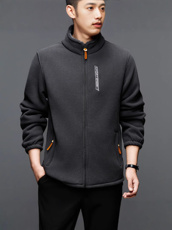 Pánska zimná fleece bunda z polar fleece, hrubý materiál, vetruodolná, stojací golier, zips, voľný strih