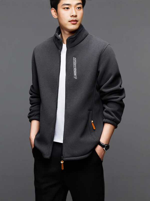 Pánska zimná fleece bunda z polar fleece, hrubý materiál, vetruodolná, stojací golier, zips, voľný strih