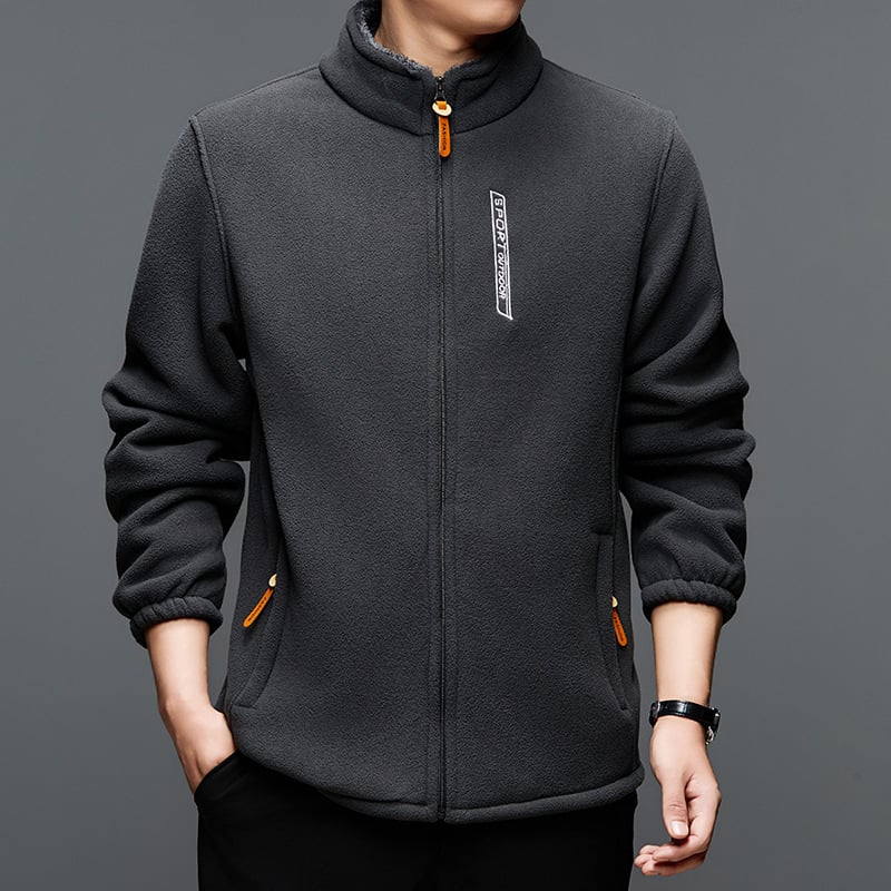 Pánska zimná fleece bunda z polar fleece, hrubý materiál, vetruodolná, stojací golier, zips, voľný strih