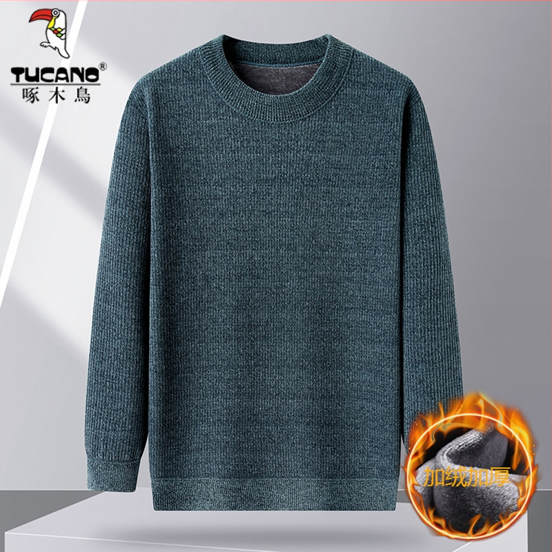 Žieminis megztinis vyrams su fleece pamušalu, storas, vidutinio amžiaus ir vyresniems, ilgos rankovės, apvalus kaklas