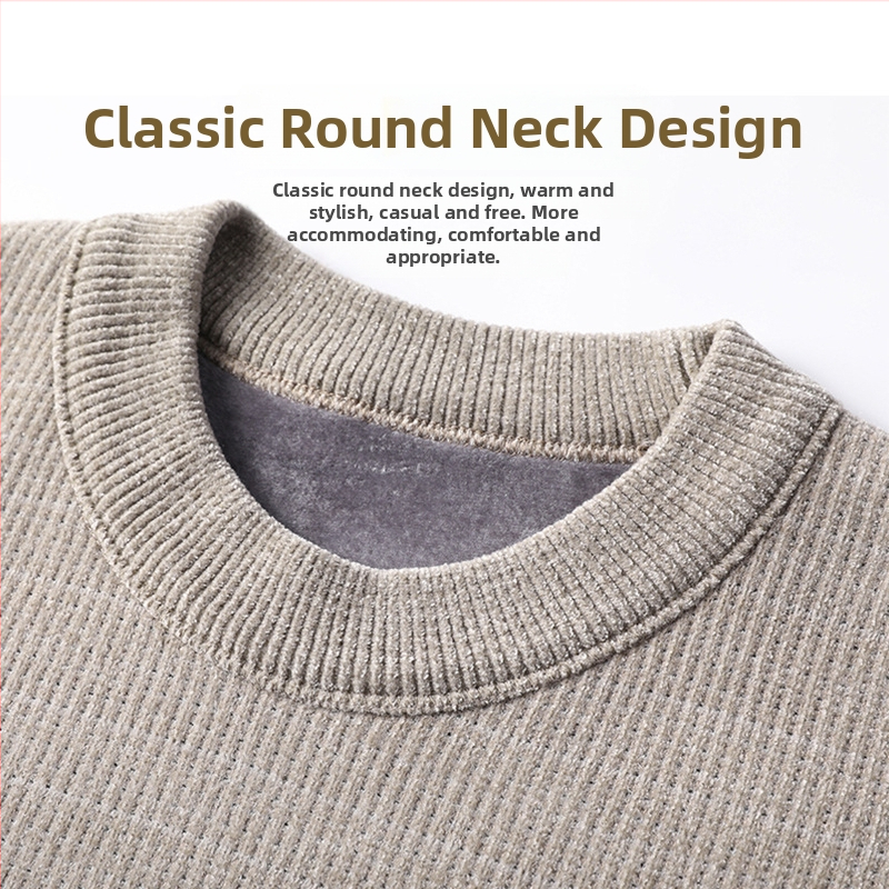 Žieminis megztinis vyrams su fleece pamušalu, storas, vidutinio amžiaus ir vyresniems, ilgos rankovės, apvalus kaklas