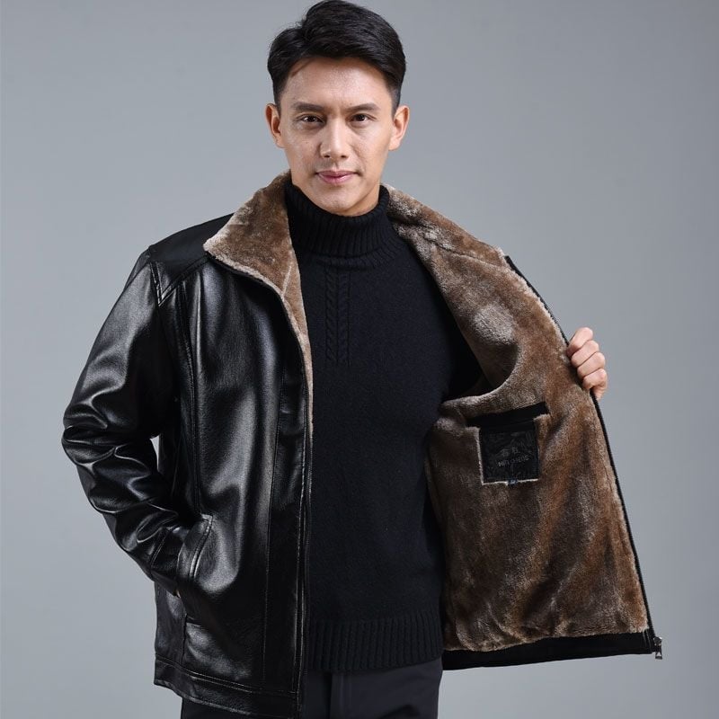 PU кожено яке с подплата от флийс, зимно палто за мъже средна възраст, ежедневен стил с цип