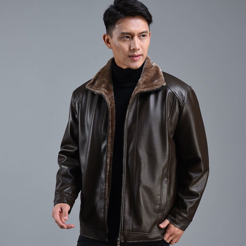 PU кожено яке с подплата от флийс, зимно палто за мъже средна възраст, ежедневен стил с цип