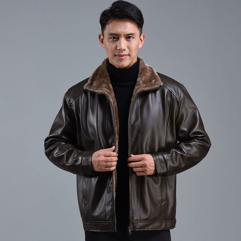 PU кожено яке с подплата от флийс, зимно палто за мъже средна възраст, ежедневен стил с цип