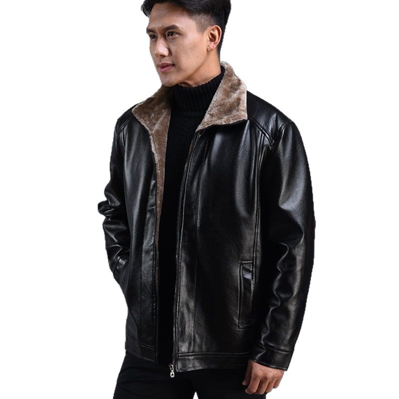 PU кожено яке с подплата от флис – свободна кройка, лацкан яка, цип отпред, ветроустойчиво, мъжко зимно яке