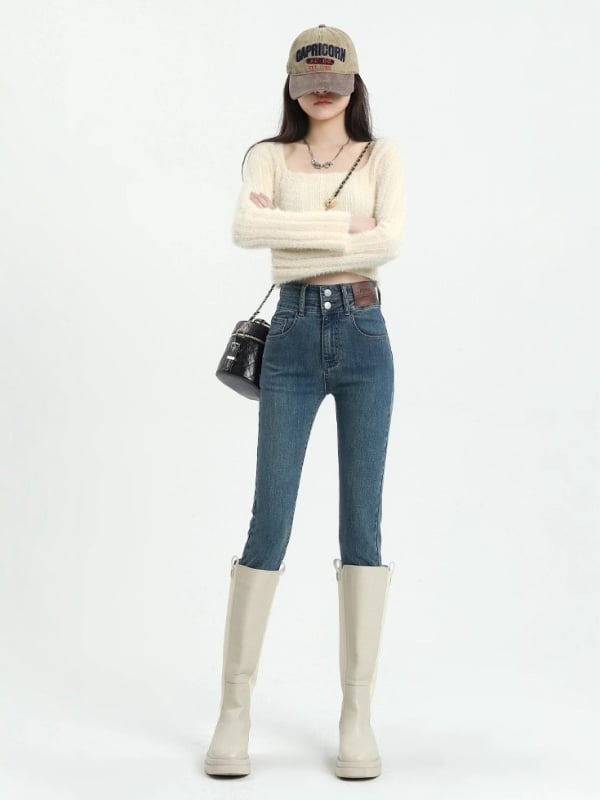 Ženske uske hlače džins u stilu olovke s visokim strukom, urbani elegantan stil, puna dužina, jesen 2025