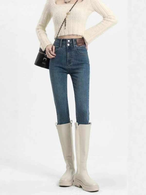 Ženske uske hlače džins u stilu olovke s visokim strukom, urbani elegantan stil, puna dužina, jesen 2025